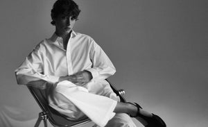 Model wearing the iconic Boyfriend Shirt by Gaiavittoria, Made in Italy in white cotton poplin.